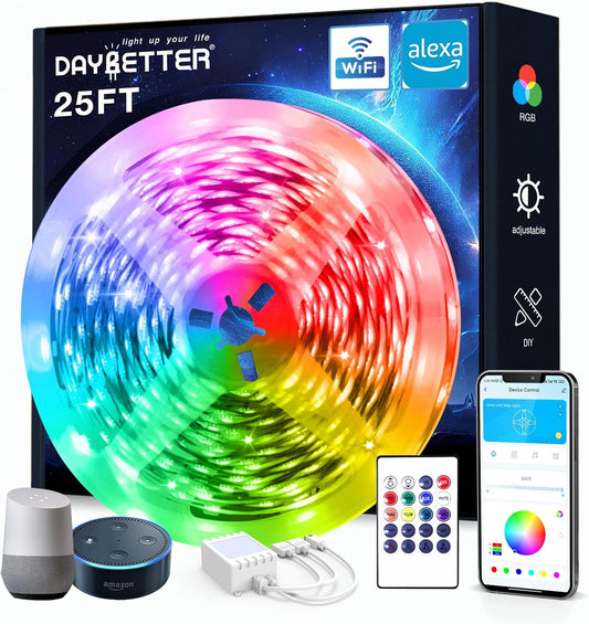 Smart Wifi Led Lights, 25 FT RGB Led Strip Lights Compatible with Alexa and Google Assistant, App Voice Remote Control Music Sync Color Changingled Strip Lighting for Bedroom Room Decor